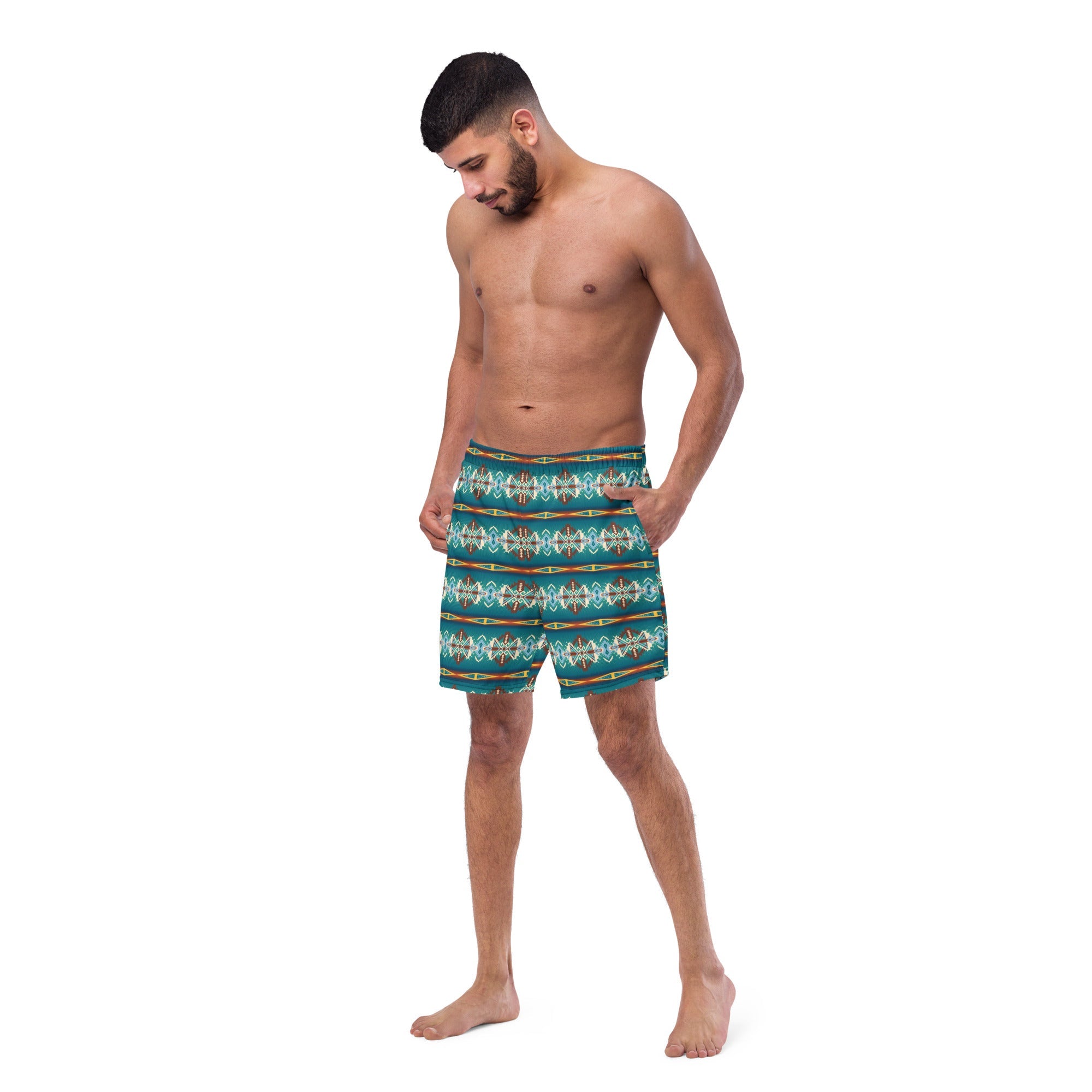 Baha Ranch Yeehaw Teal Aztec Blanket Print Mens Swim Shorts
