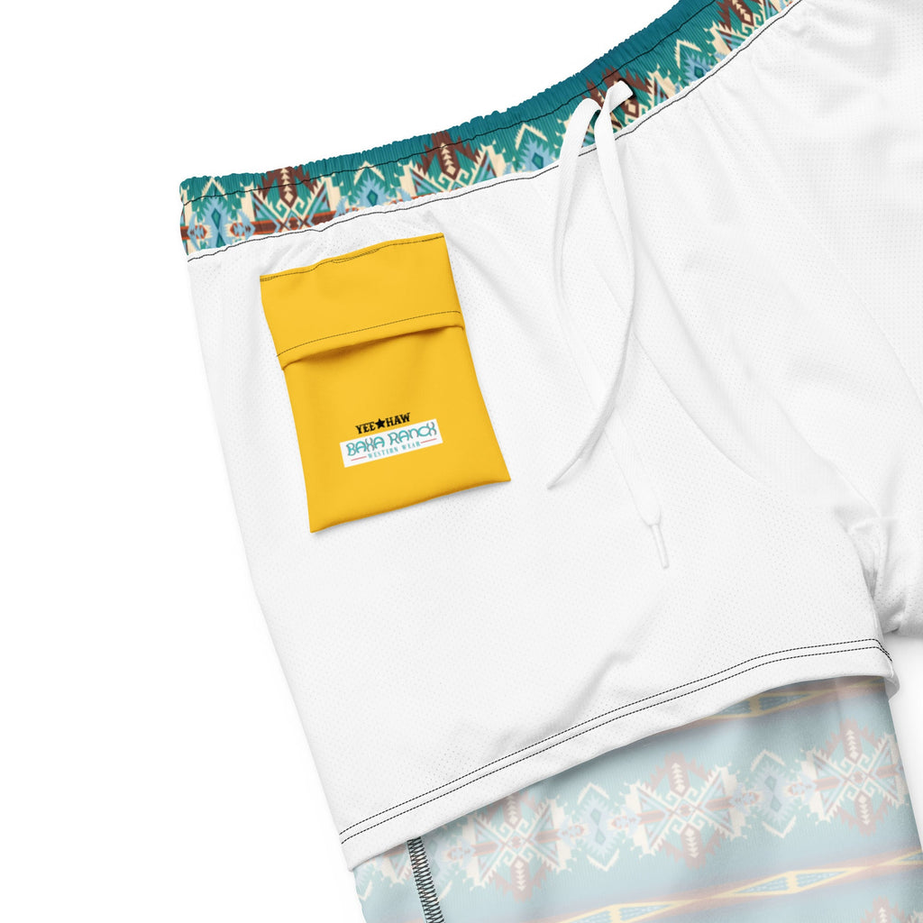 Baha Ranch Yeehaw Teal Aztec Blanket Print Mens Swim Shorts