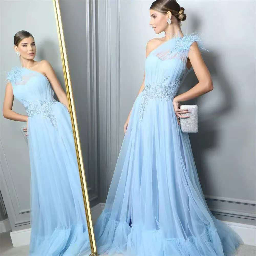 Blue One-shoulder Feather Derby Dress