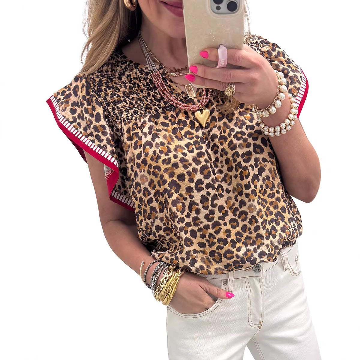 Womens Leopard-Print Ruffle-Trim Flowy Chiffon Blouse