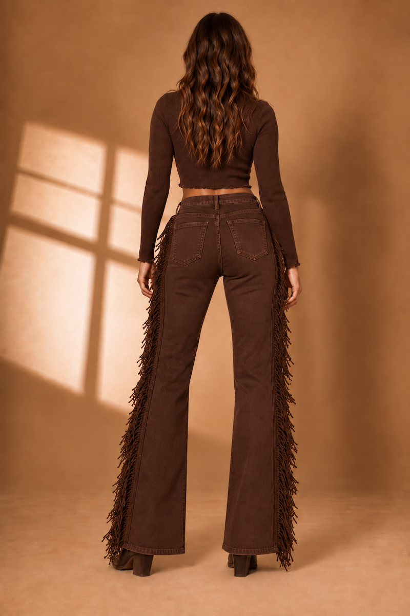 The Westwood Boot Cut Studded Fringe- Chestnut