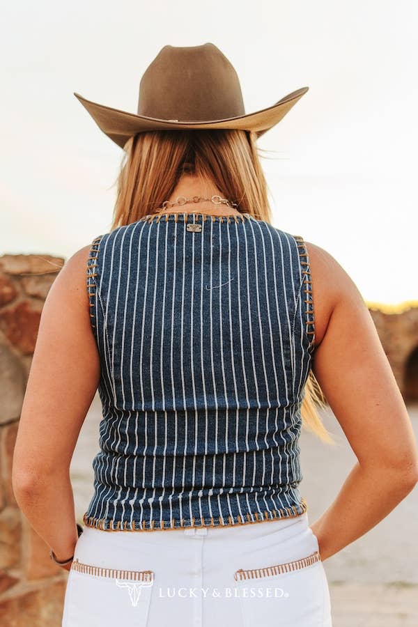 Mid Wash Stripe Lazer Printed Camel Contrast Stitch Hem Vest