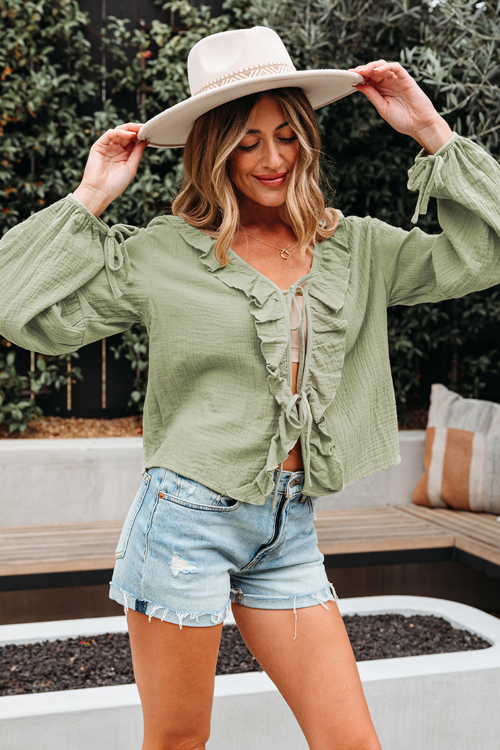 Meadow Mist Green Bow Tie Front Ruffle Trim V Neck Long Sleeve Blouse