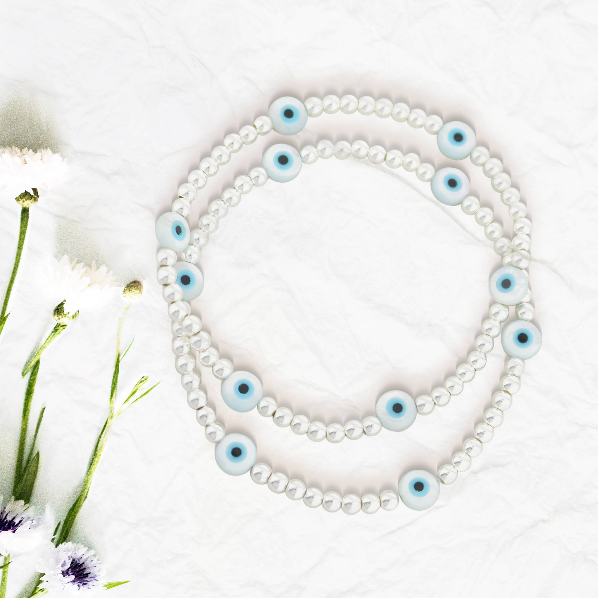 Lorelai Evil Eye Silver 3mm Beads Bracelet