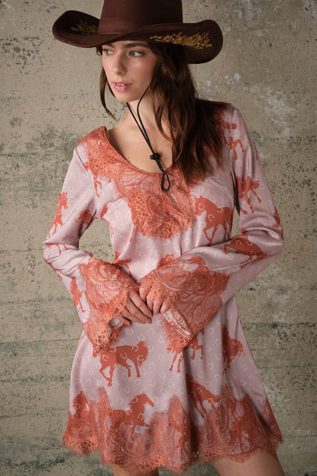 Western Horse Print Satin Lace Dress