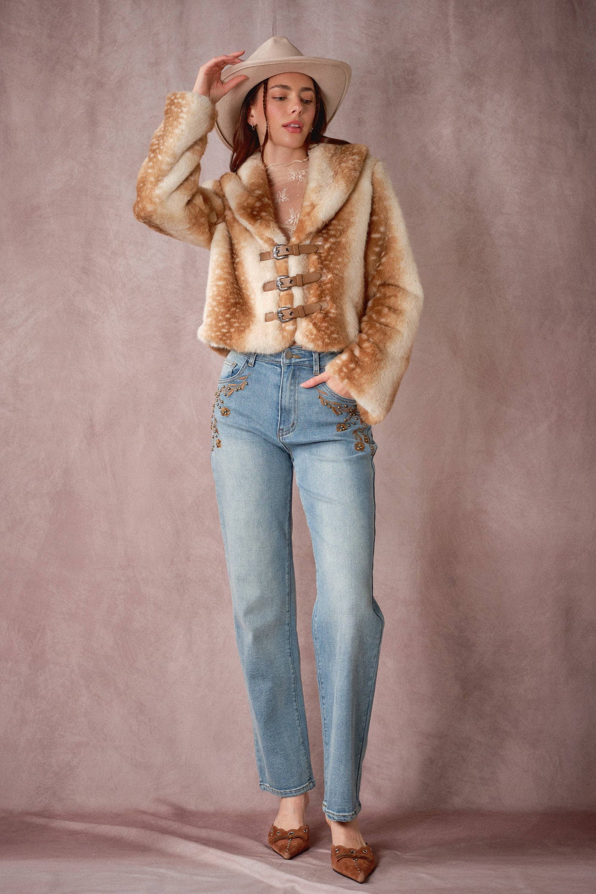 Buckled Deer Print Faux Fur Jacket