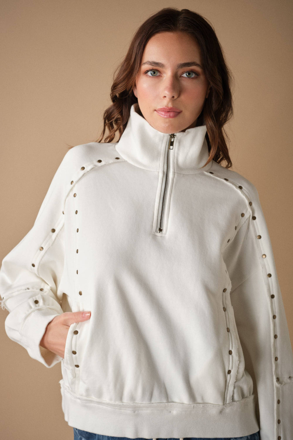 Studded Half-Zip Sweatshirt Black & Cream