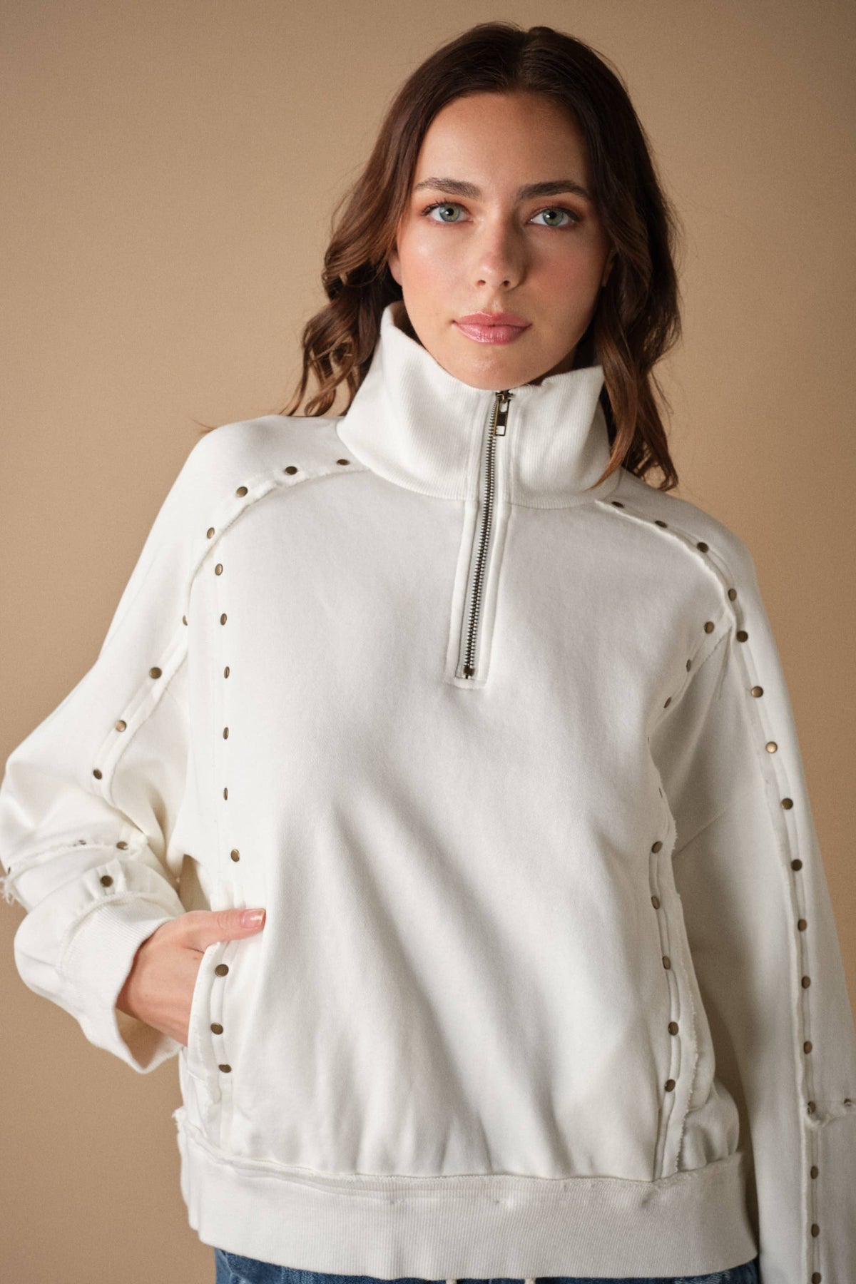 Studded Half-Zip Sweatshirt Black & Cream
