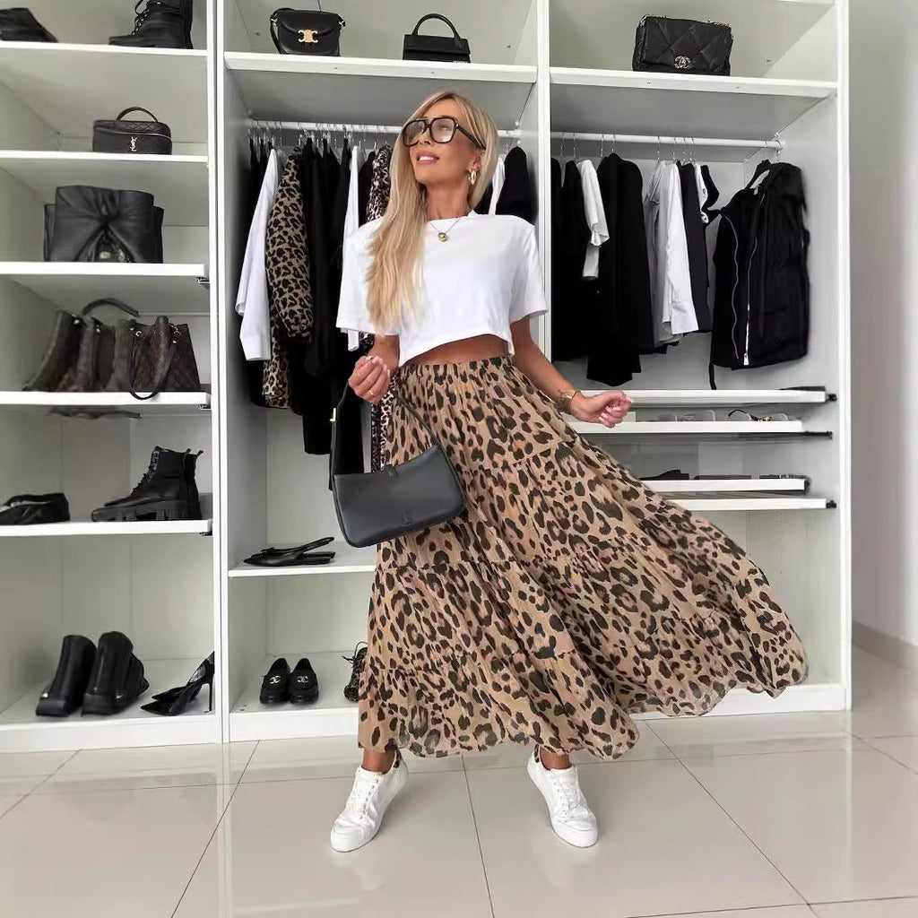 Leopard-print Design Long Flowy Skirt
