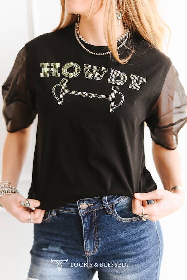 Black Rhinestone Howdy Mesh Half-Sleeve Top