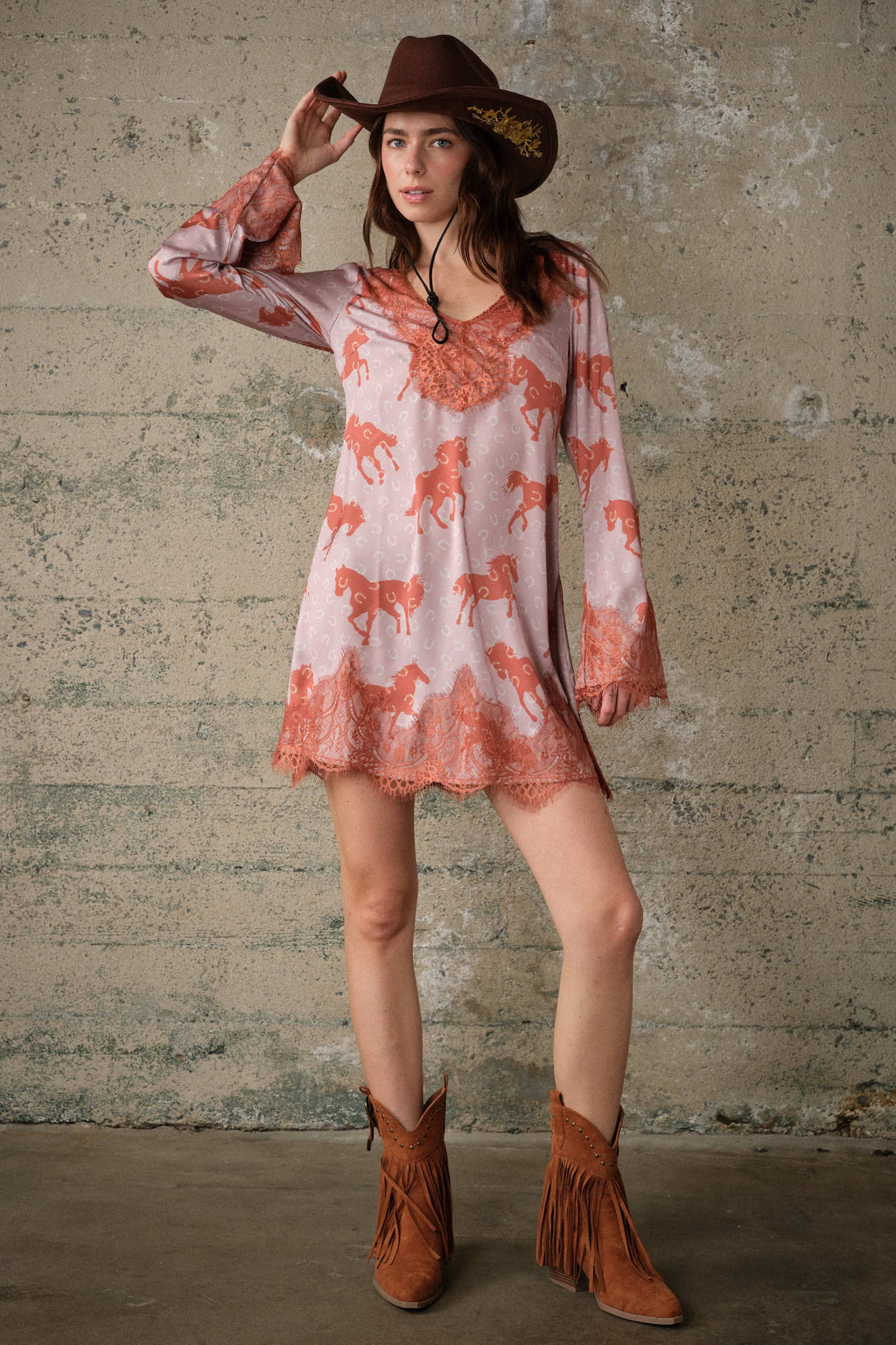 Western Horse Print Satin Lace Dress