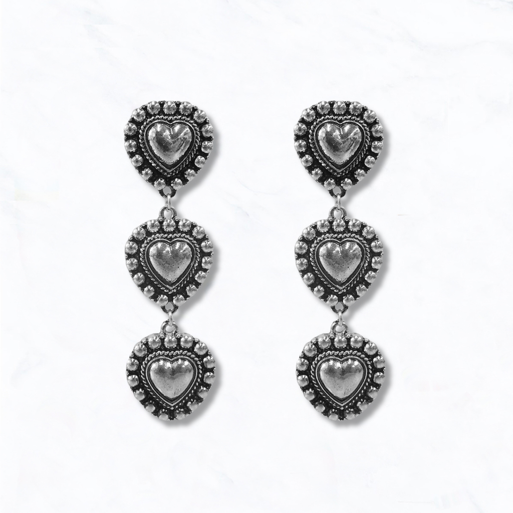 Western Inspired Triple Heart Dangle Earrings: Silver