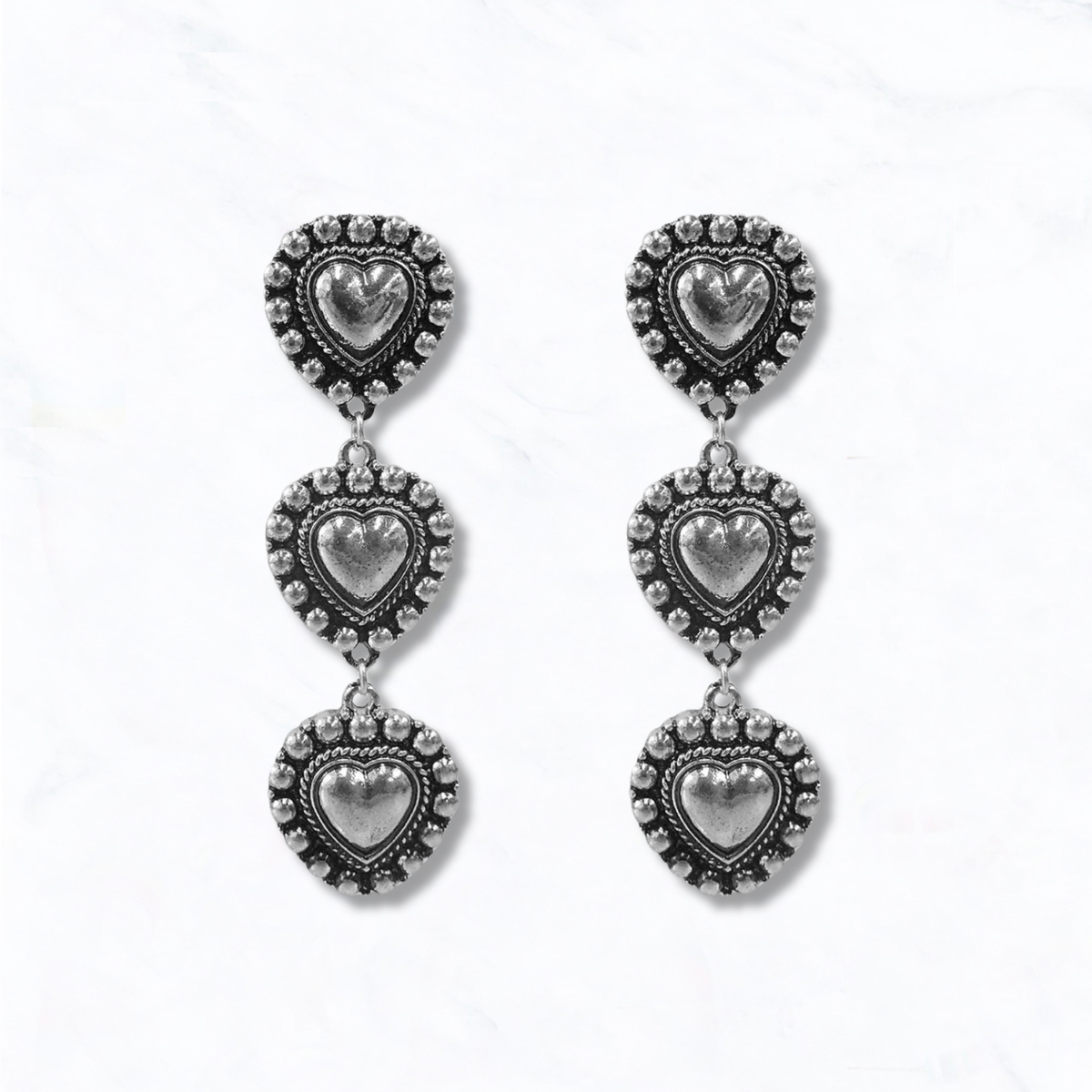 Western Inspired Triple Heart Dangle Earrings: Bronze