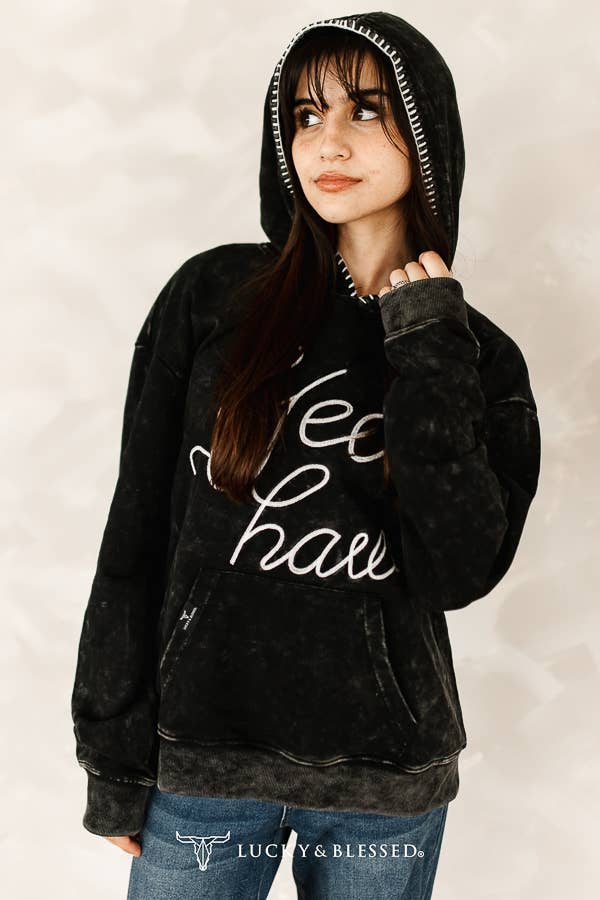 Black Mineral Wash Yeehaw Embroidered Detail Hoodie XL-3XL