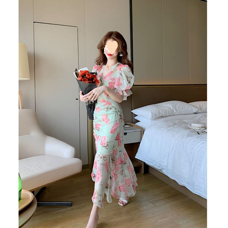 Stylish, Sophisticated, Flowy, Asymmetrical Chiffon Floral Dress