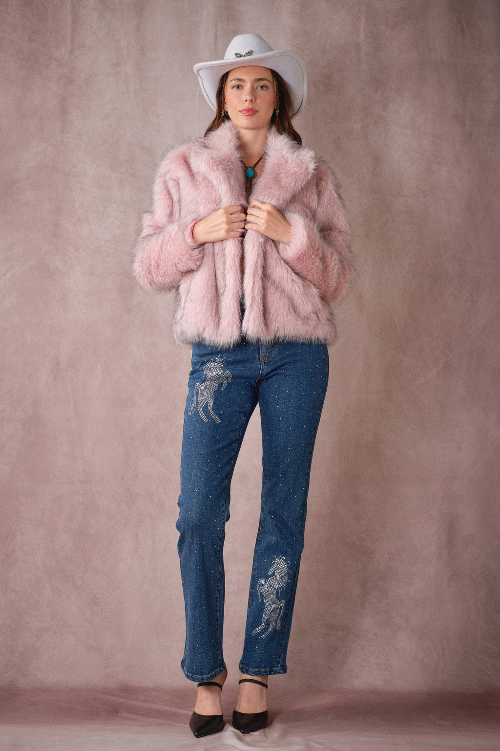 Two-Tone Faux Fur Hook & Eye Coat in Blush Pink