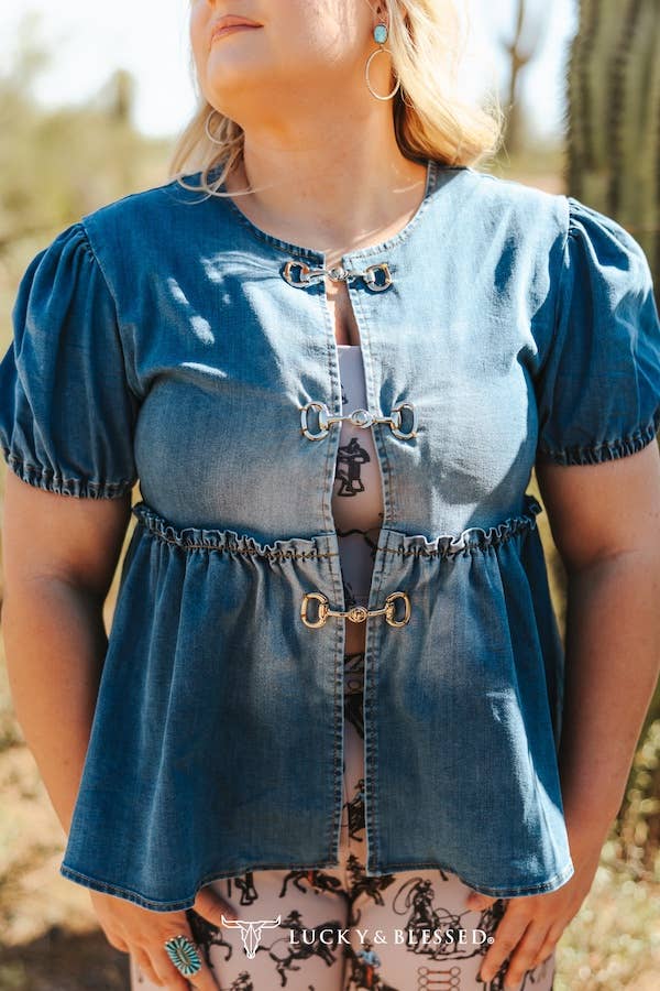 Denim Puff Sleeve Peplum Top with Snaffle Bit Buckle Detail