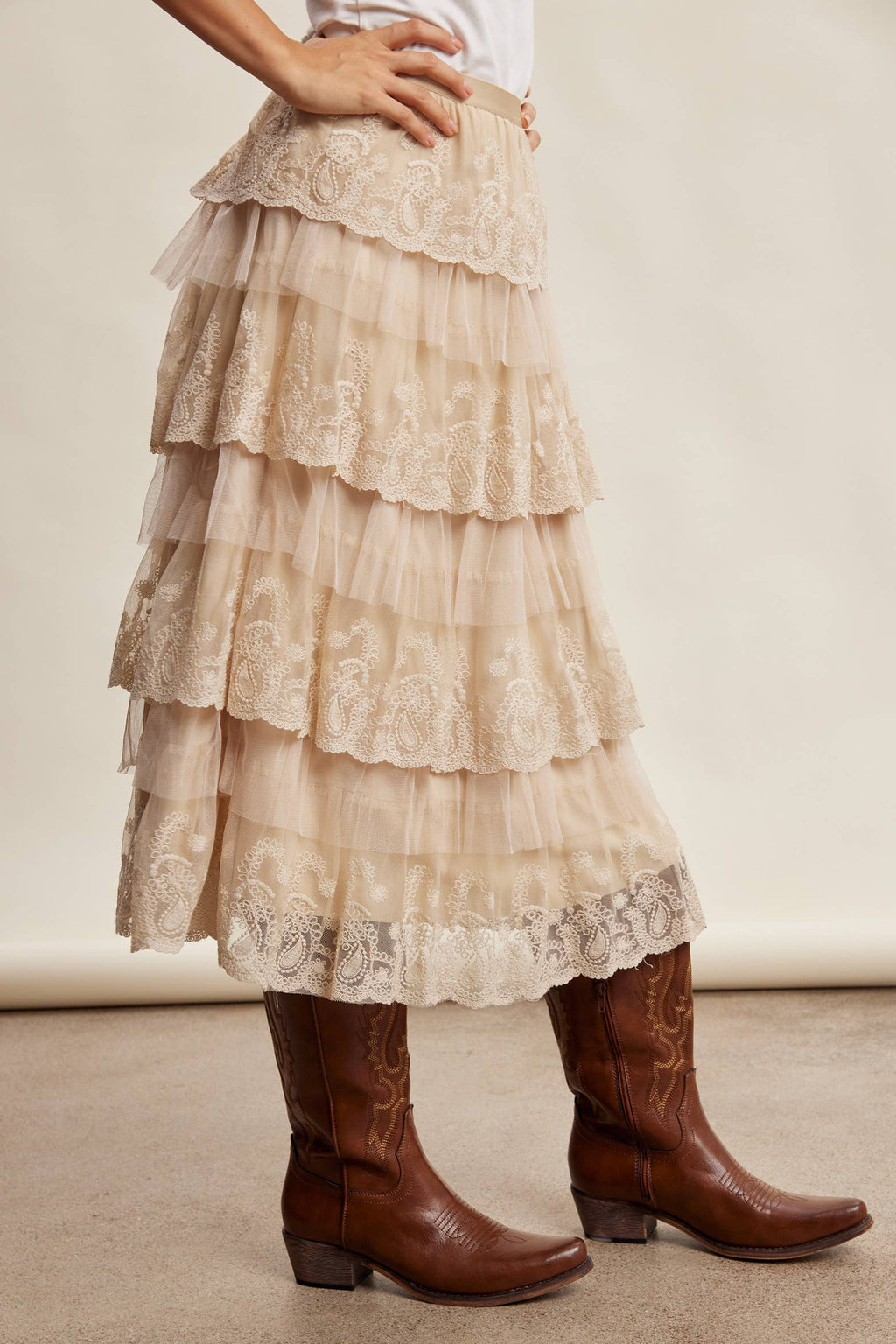 Taupe Lace Tiered Midi Skirt