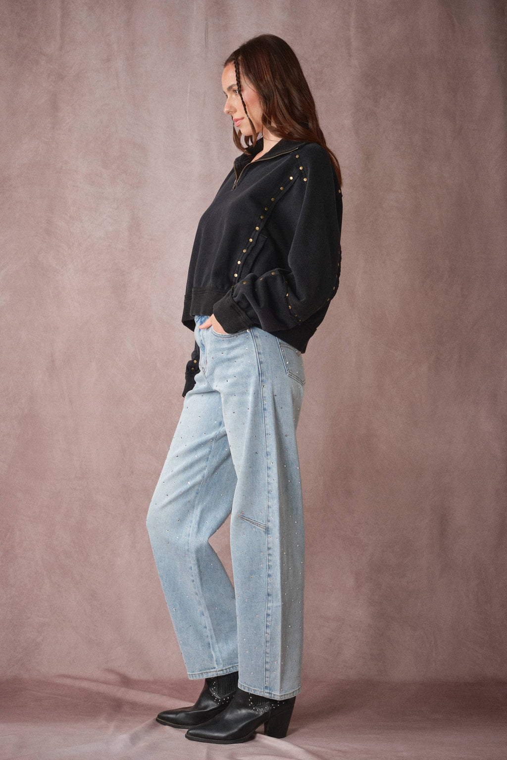 Studded Half-Zip Sweatshirt Black & Cream