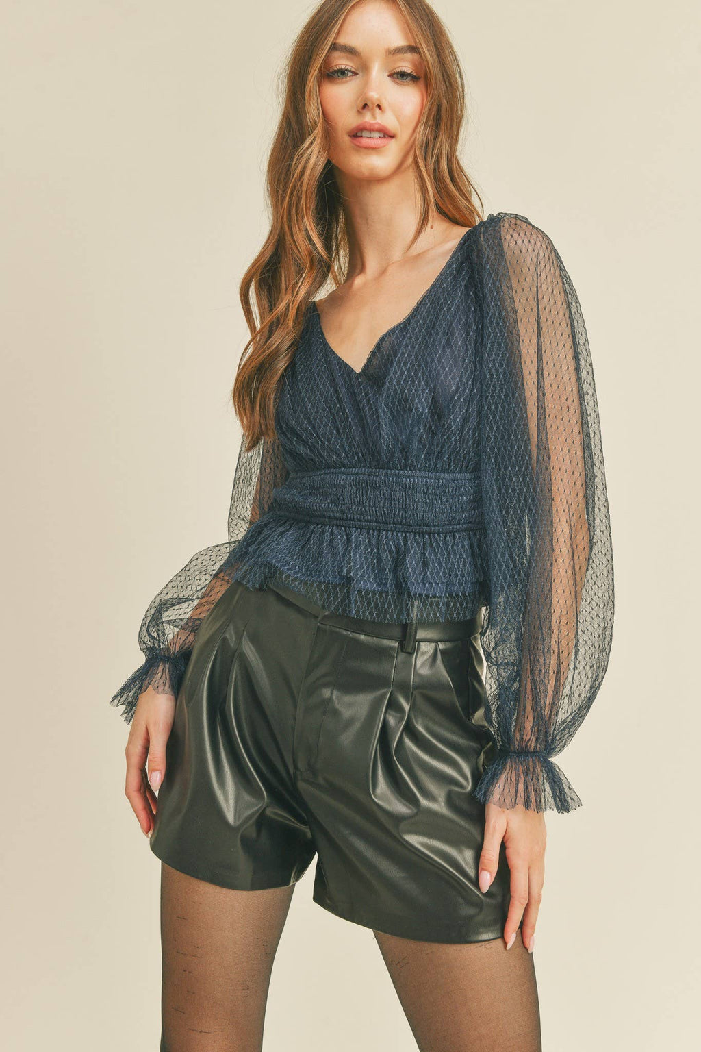 SMOCKED WAIST PEPLUM HEM TOP