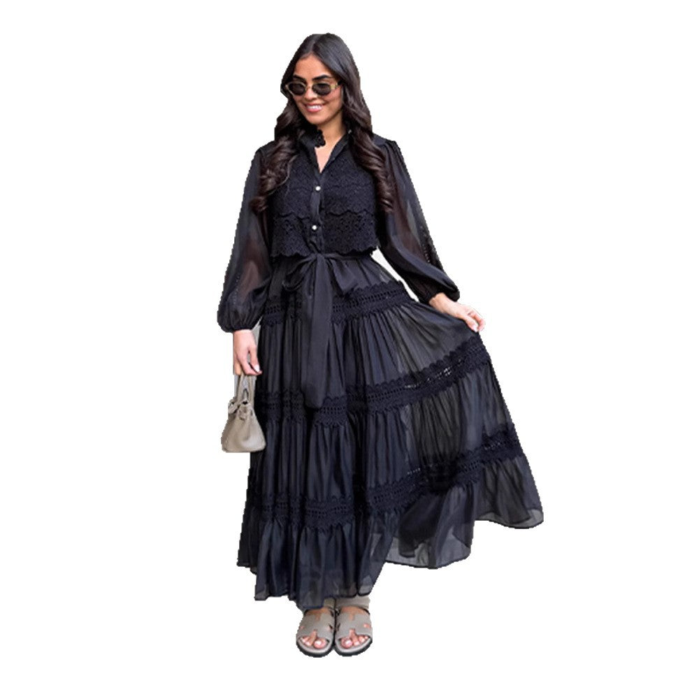 Long-sleeve Hollow-out Mesh Patchwork Dress With Lantern Sleeves Country Boho