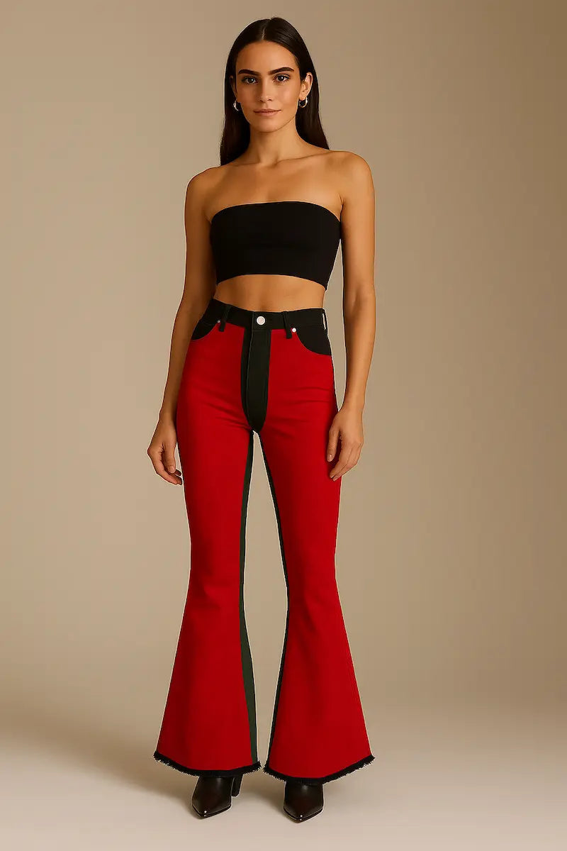 Red Suede Chap Panel Bell Bottom Jeans -32” Inseam