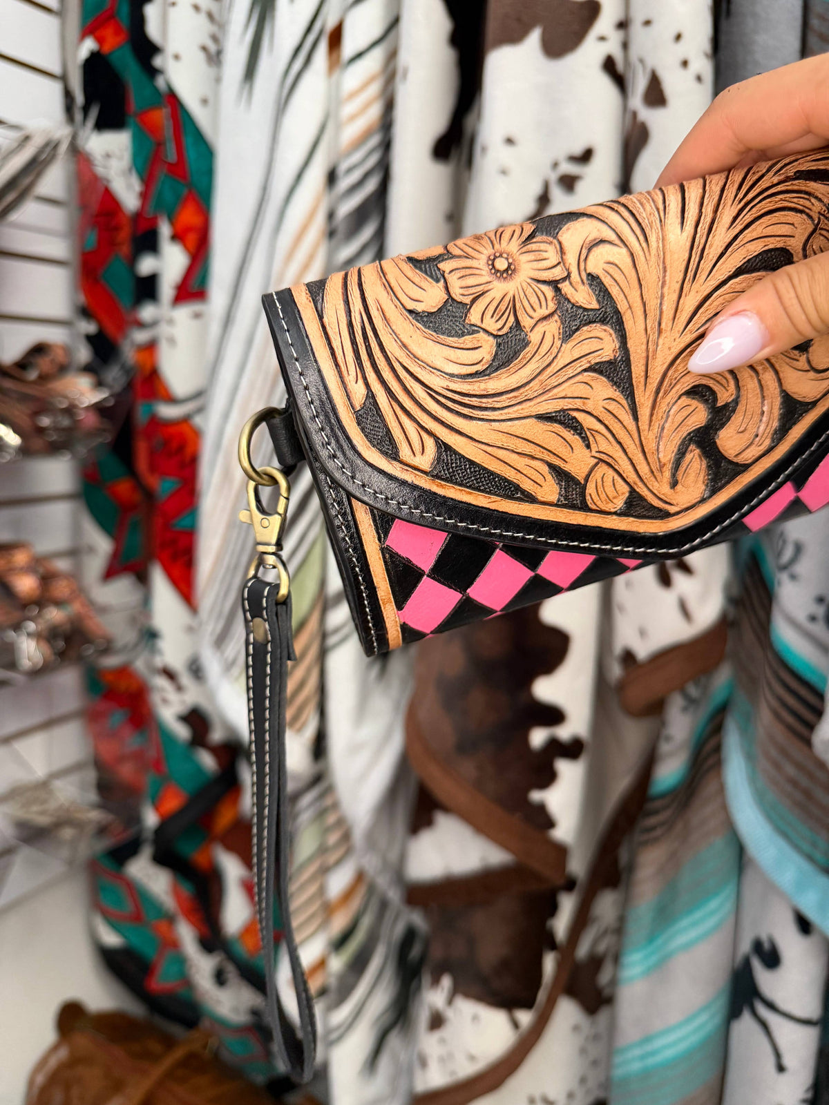 Checkered Tooled Leather Western Clutch Wallet & Wristlet