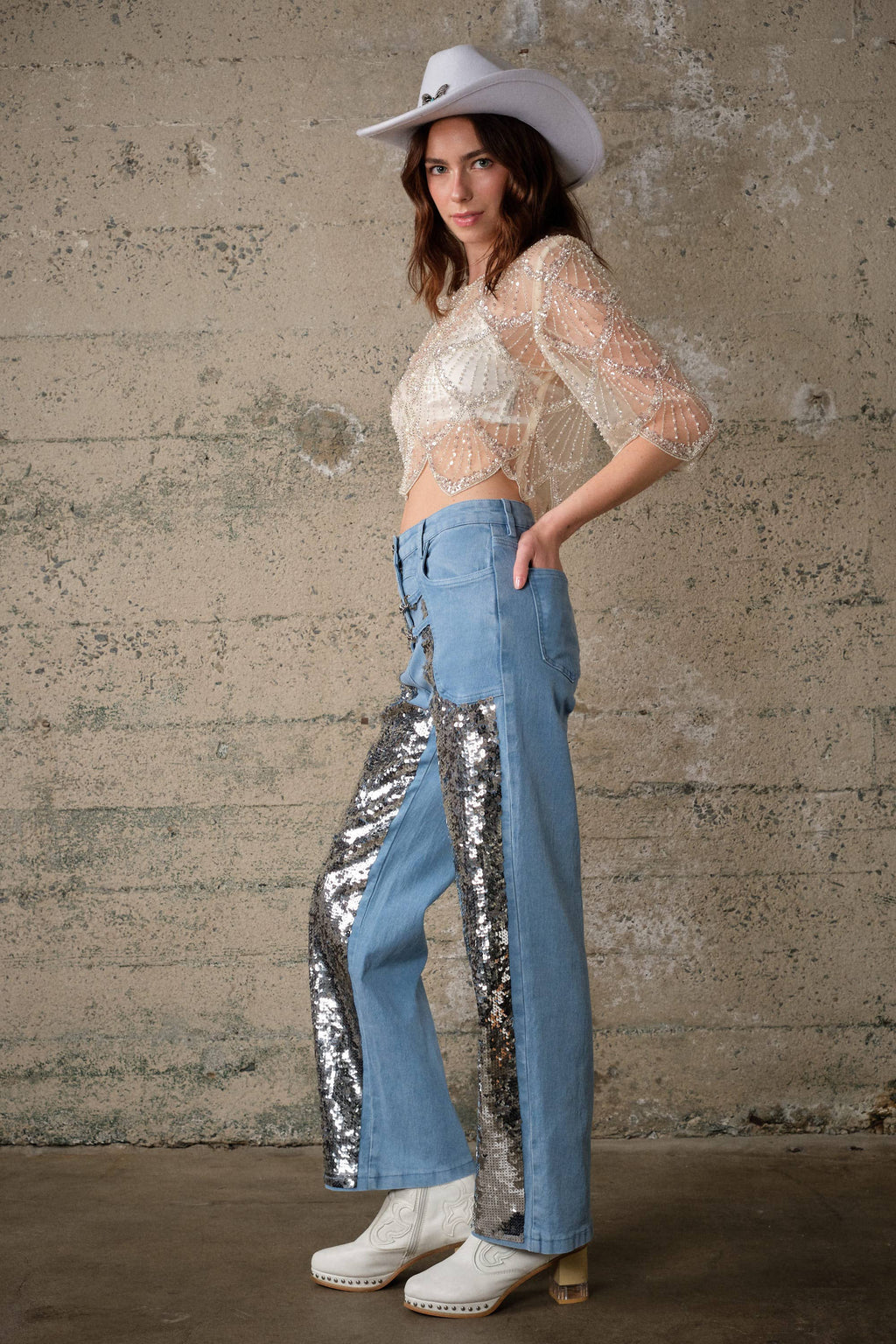 Cream Sequin Beaded Mesh Cape Top