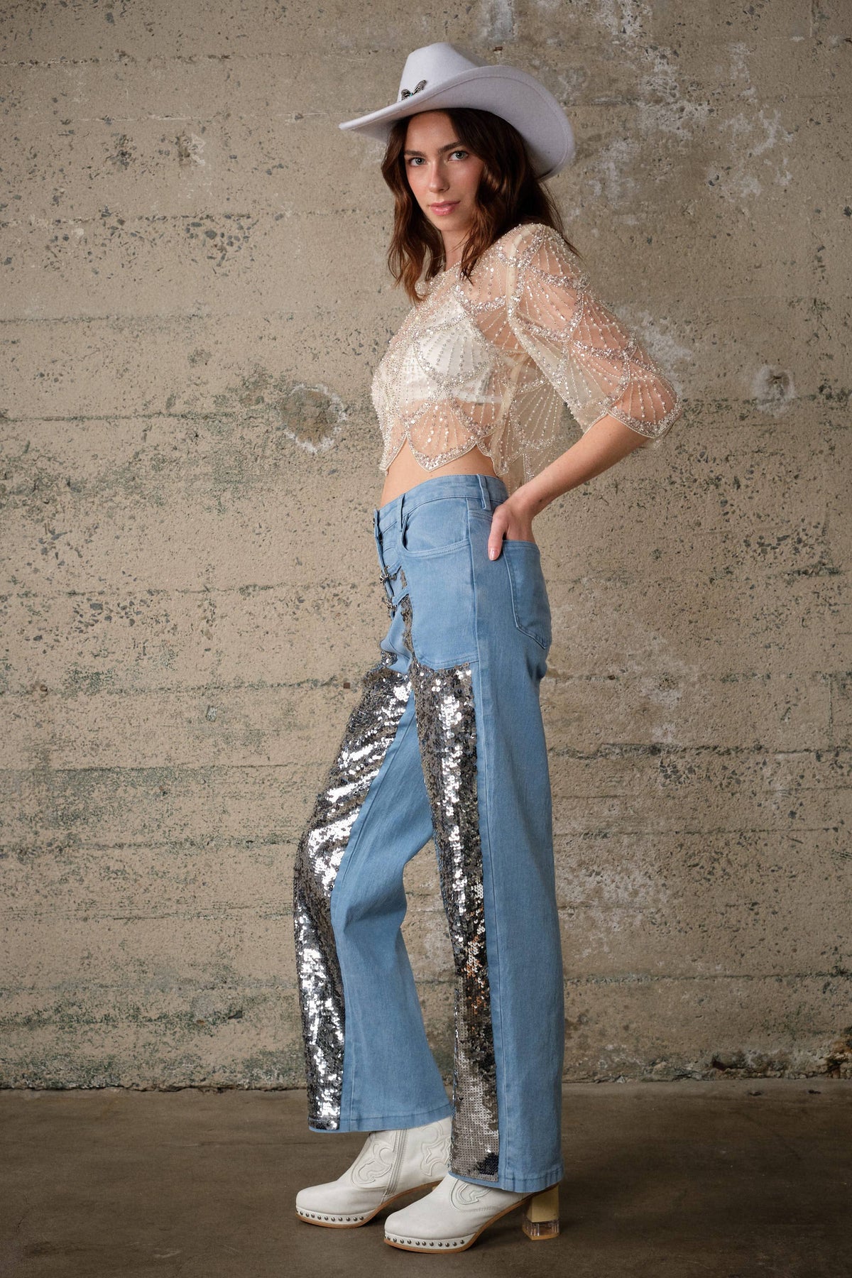 Cream Sequin Beaded Mesh Cape Top