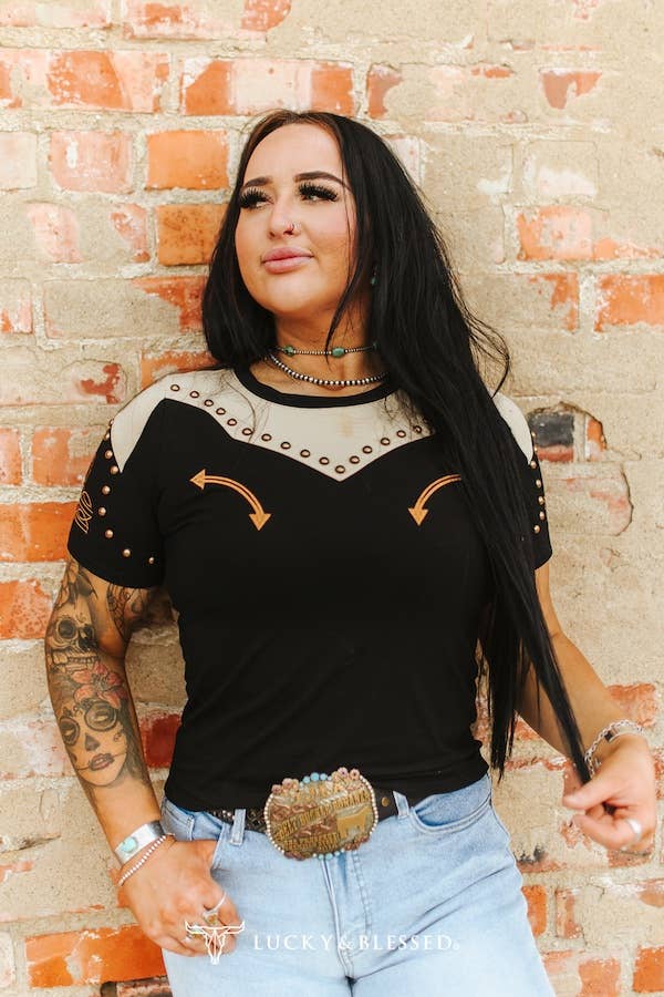 Black Studded Western Yoke Short Sleeve Top
