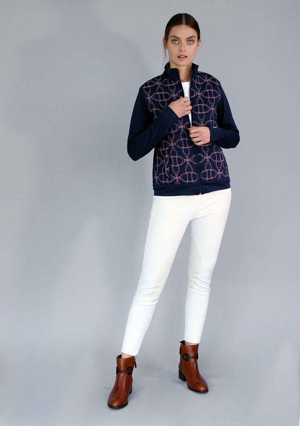 Clover Embroidered Zip Jacket | Navy & Pink