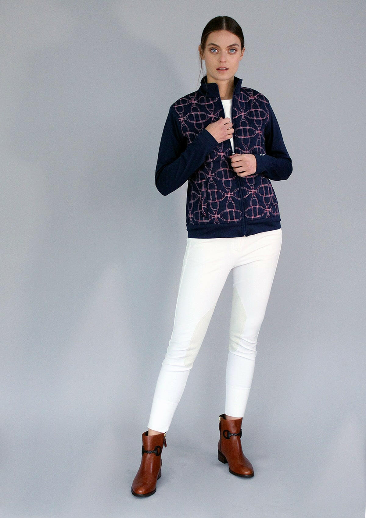 Clover Embroidered Zip Jacket | Navy & Pink