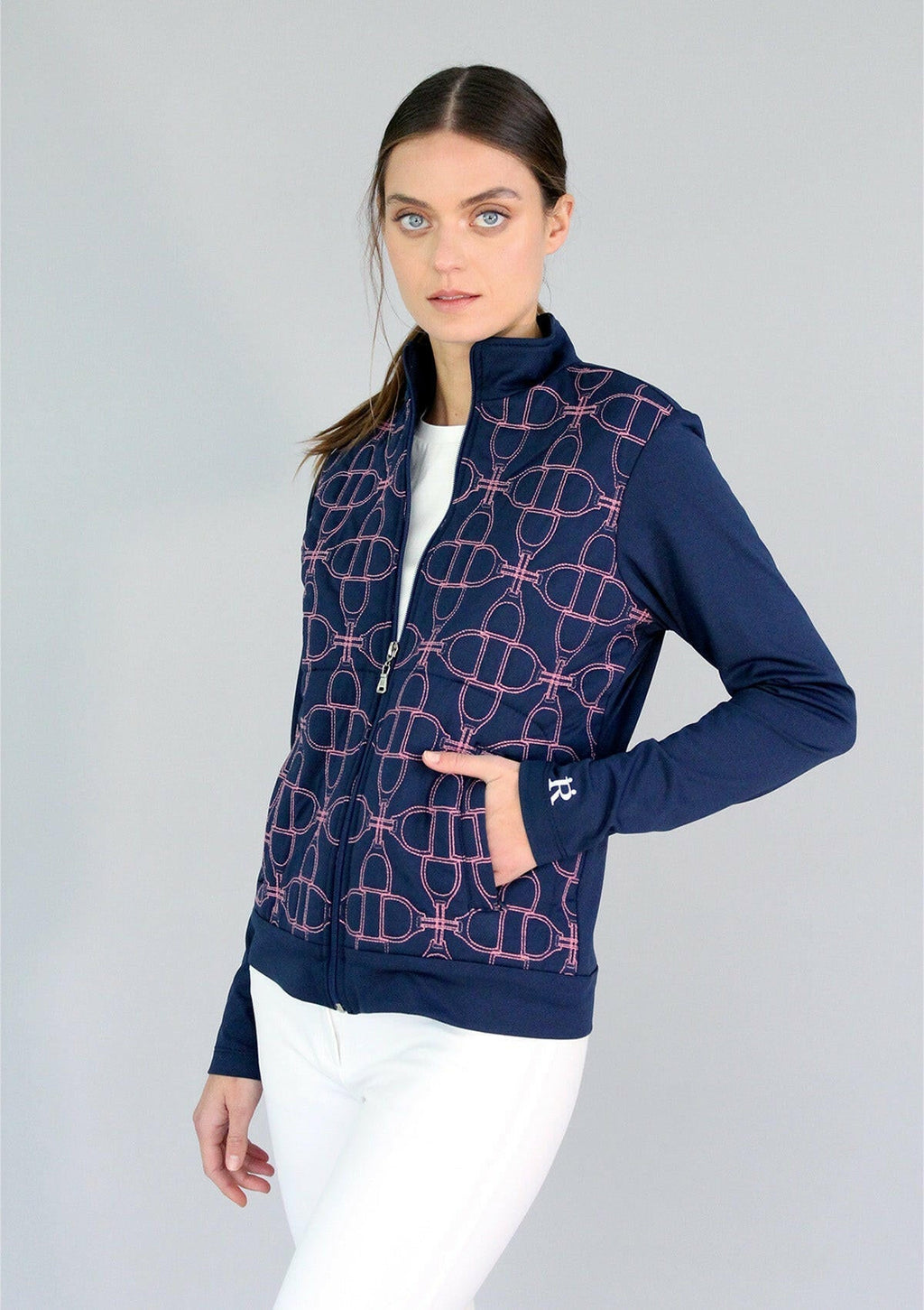 Clover Embroidered Zip Jacket | Navy & Pink