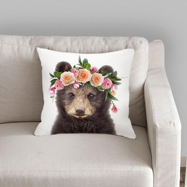 Animals Pattern Pillow Cover Cotton Linen Cushion Cover for Home Sofa Pillow Covers, Cushion Covers Tiger Bunny Rabbit Horse Sheep Bear With Head Flowers Decorative Velvet Pillow Covers 17.72X17.72