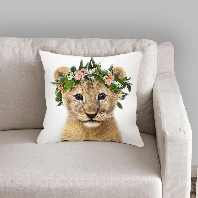 Animals Pattern Pillow Cover Cotton Linen Cushion Cover for Home Sofa Pillow Covers, Cushion Covers Tiger Bunny Rabbit Horse Sheep Bear With Head Flowers Decorative Velvet Pillow Covers 17.72X17.72