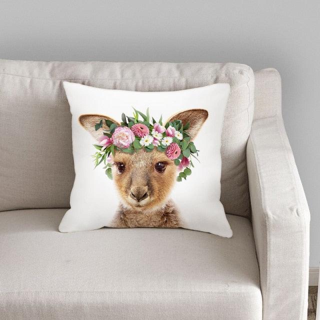 Animals Pattern Pillow Cover Cotton Linen Cushion Cover for Home Sofa Pillow Covers, Cushion Covers Tiger Bunny Rabbit Horse Sheep Bear With Head Flowers Decorative Velvet Pillow Covers 17.72X17.72