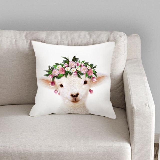 Animals Pattern Pillow Cover Cotton Linen Cushion Cover for Home Sofa Pillow Covers, Cushion Covers Tiger Bunny Rabbit Horse Sheep Bear With Head Flowers Decorative Velvet Pillow Covers 17.72X17.72