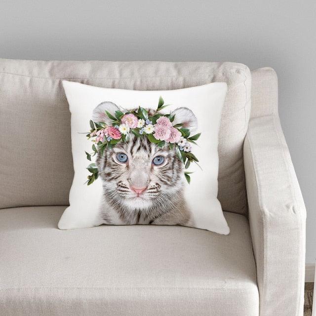 Animals Pattern Pillow Cover Cotton Linen Cushion Cover for Home Sofa Pillow Covers, Cushion Covers Tiger Bunny Rabbit Horse Sheep Bear With Head Flowers Decorative Velvet Pillow Covers 17.72X17.72