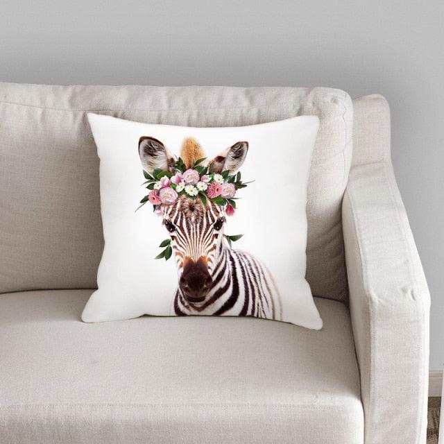 Animals Pattern Pillow Cover Cotton Linen Cushion Cover for Home Sofa Pillow Covers, Cushion Covers Tiger Bunny Rabbit Horse Sheep Bear With Head Flowers Decorative Velvet Pillow Covers 17.72X17.72