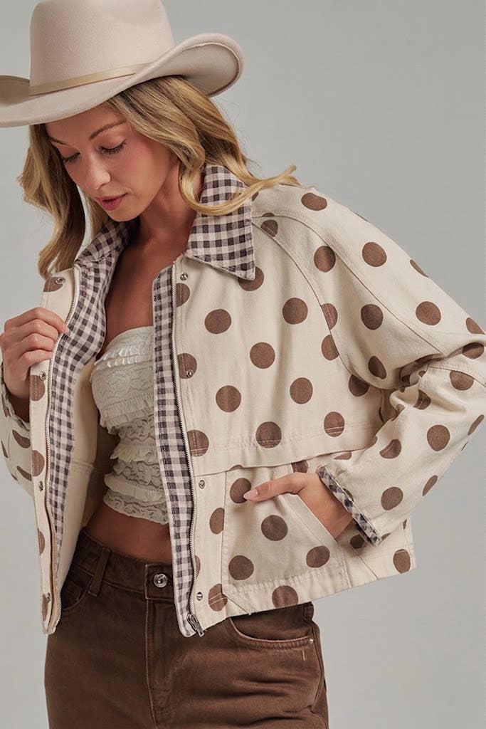 Polka Dot Canvas Fall Jacket with Gingham Collar-Multiple Colors