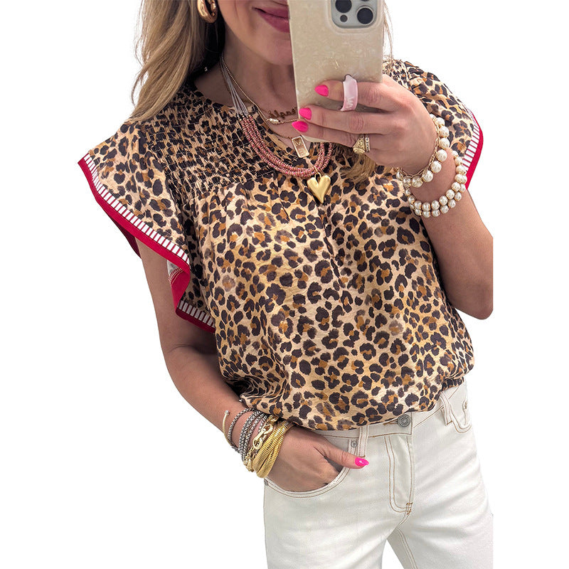 Womens Leopard-Print Ruffle-Trim Flowy Chiffon Blouse