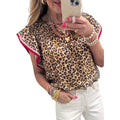 Womens Leopard-Print Ruffle-Trim Flowy Chiffon Blouse