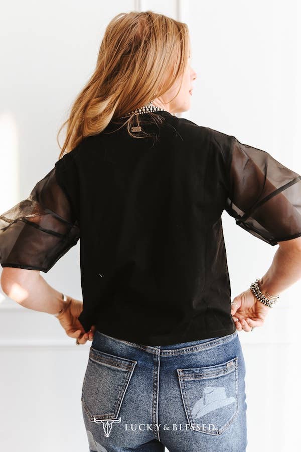 Black Rhinestone Howdy Mesh Half-Sleeve Top