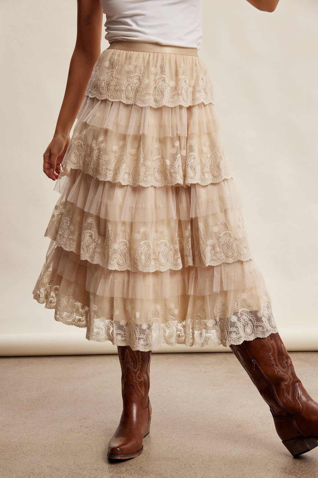 Taupe Lace Tiered Midi Skirt