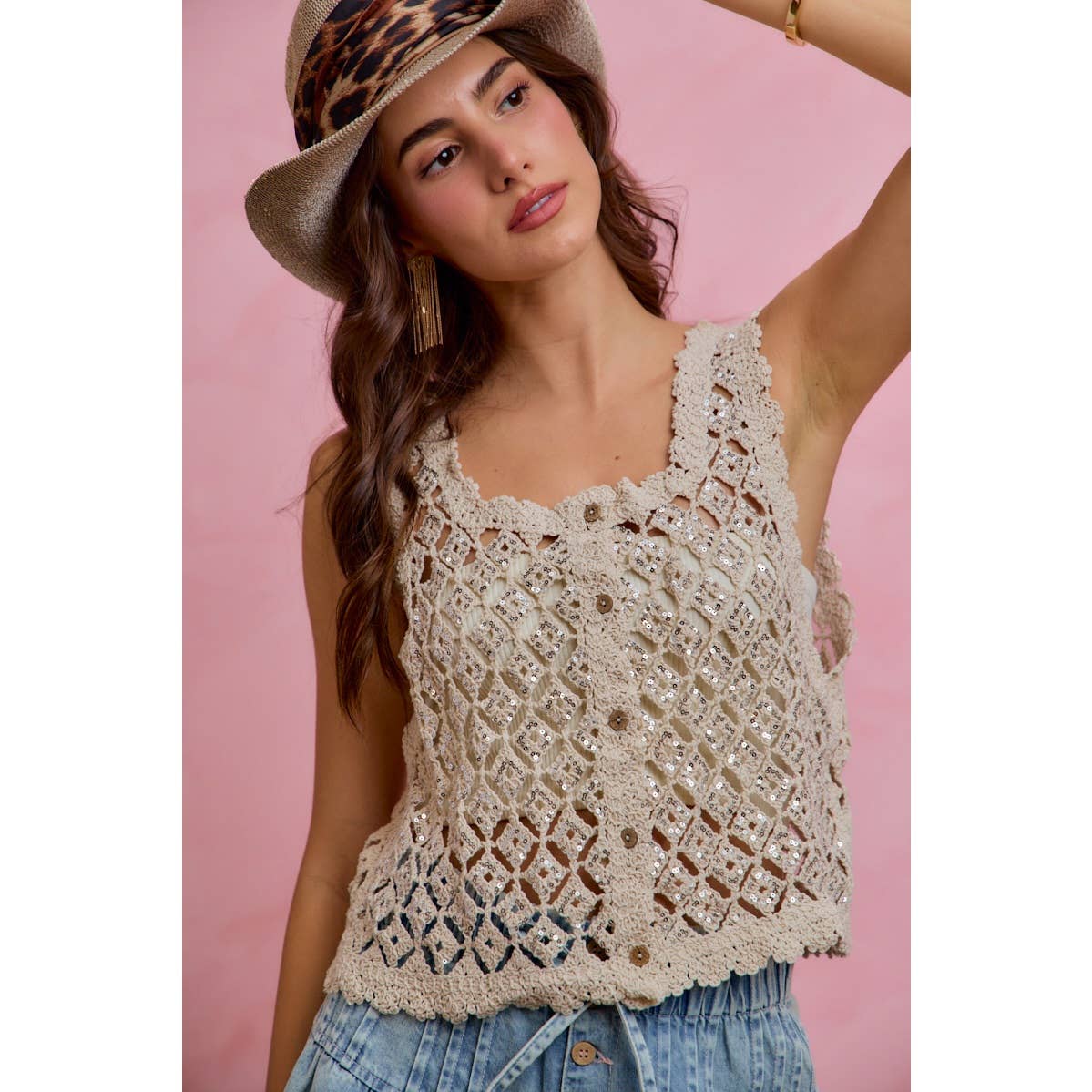 Sequin Diamond Crochet Lace Button-Down Vest Top