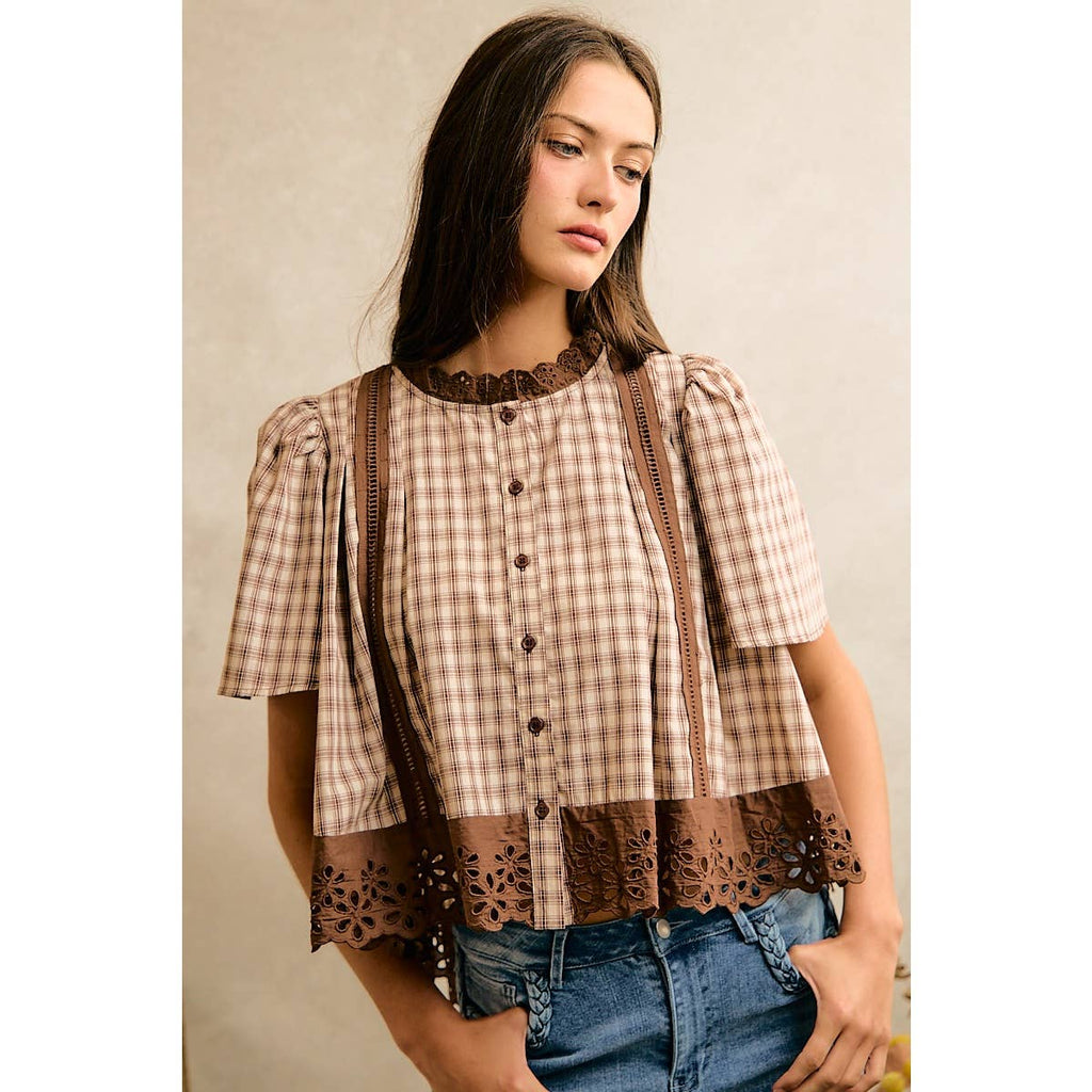 CHECK LACE TRIM FLUTTER SLEEVES BLOUSE TOP