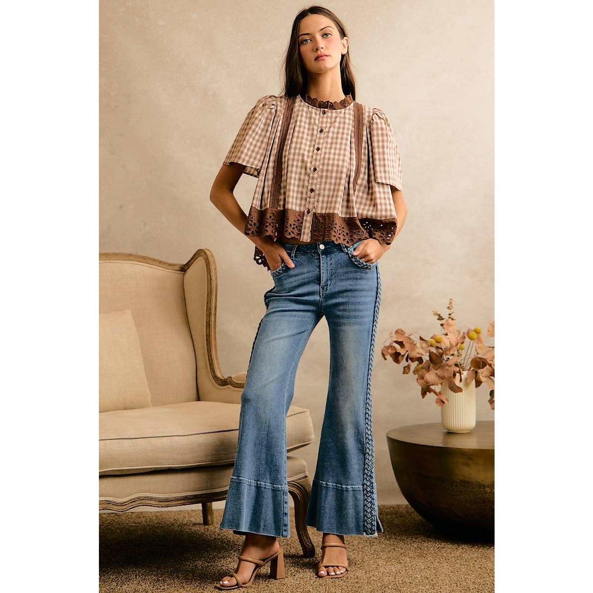 CHECK LACE TRIM FLUTTER SLEEVES BLOUSE TOP