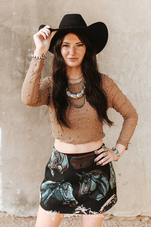 Taupe Pearl Studded Long Sleeve Crop Top