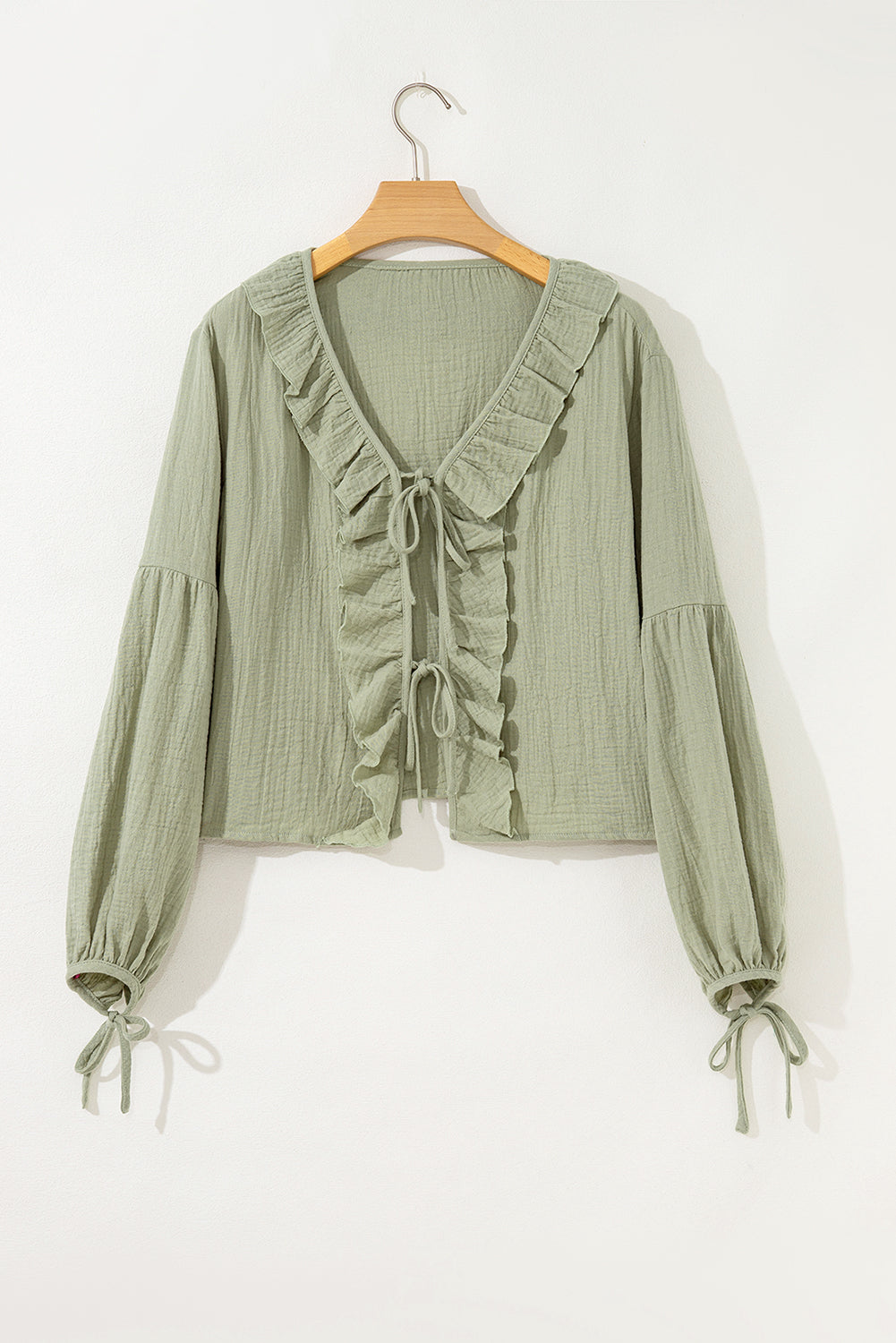 Meadow Mist Green Bow Tie Front Ruffle Trim V Neck Long Sleeve Blouse