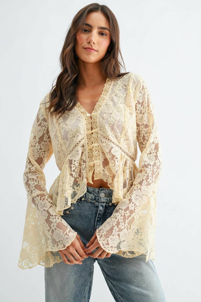 Lace Button-Down Blouse with Flared Sleeves